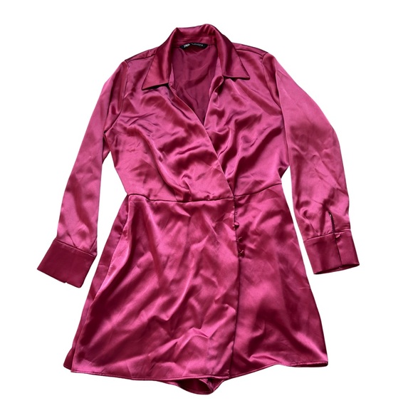 Zara Pants - Zara Maroon / Deep Pink Satin Wrap Romper Long Sleeve Collar Playsuit Size L